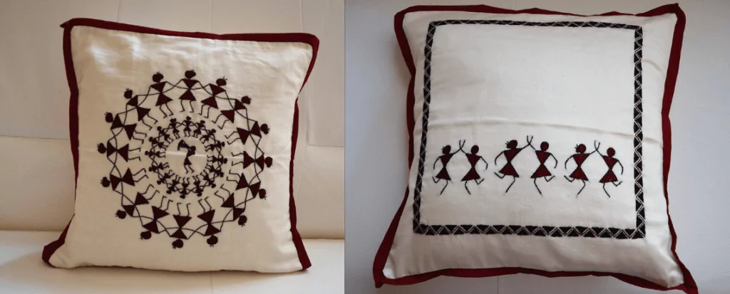 Warli art design stitched on pillows.