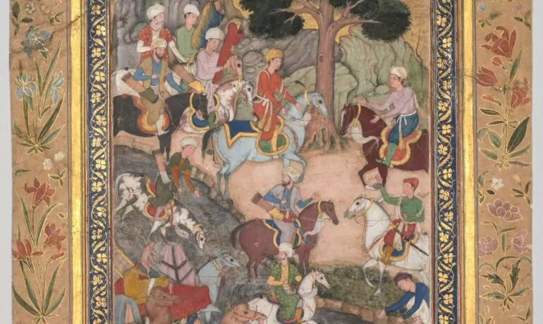 Babur meeting with Sultan Ali Mirza at the Kohik River, from a Babur-nama (Memoirs of Babur) c. 1590. Image credit: Cleveland Museum of Art