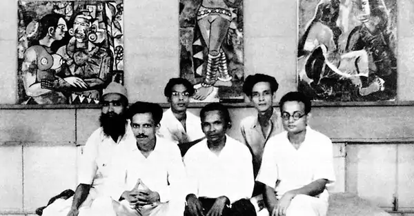 The Founding Members of the Progressive Artists' Group (front row: F.N. Souza, K.H. Ara and H.A. Gade, back row: M.F. Husain, S.K. Bakre and S.H. Raza).